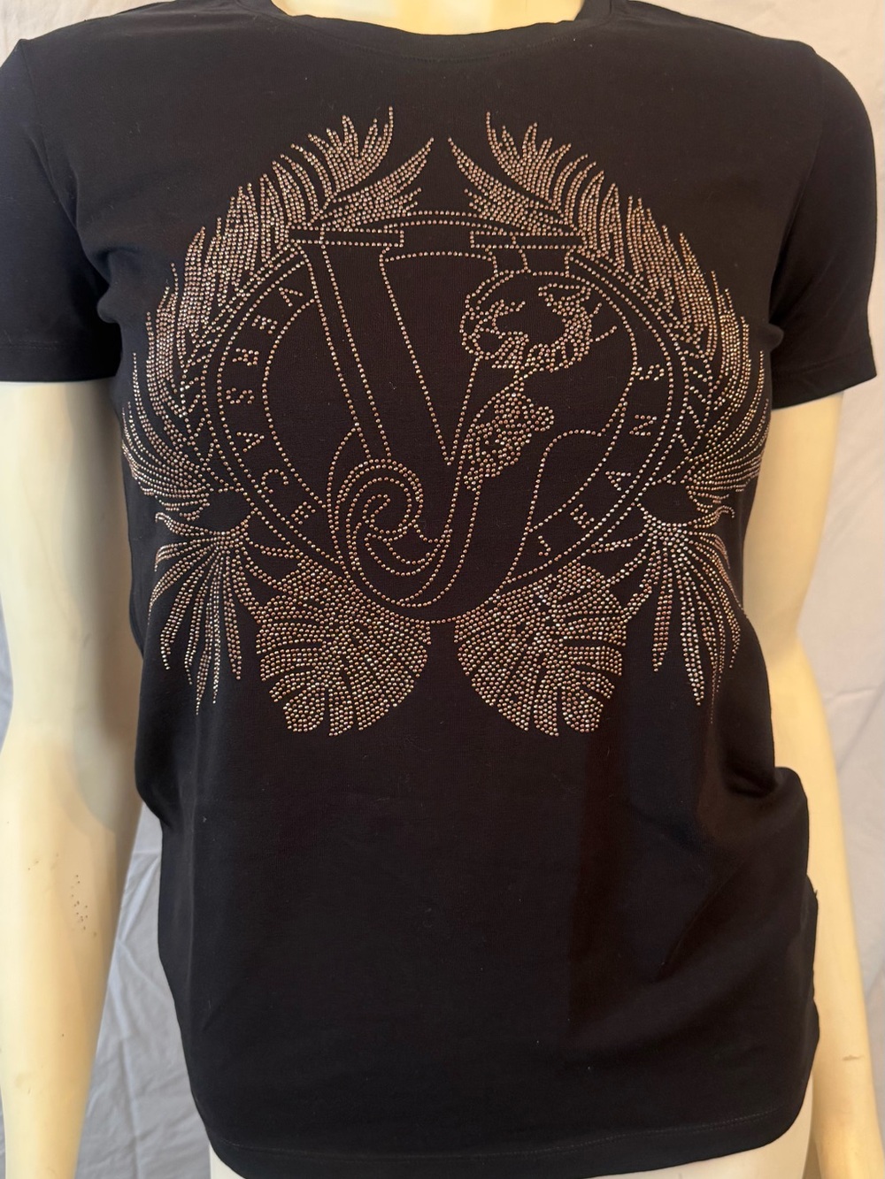 Versace Jeans Collection Black Short-Sleeve Tee with Rhinestone Crest
